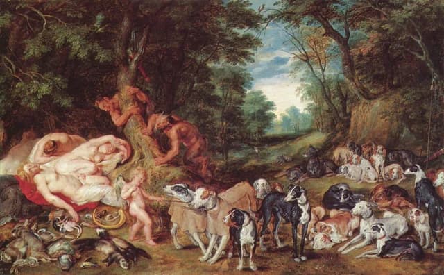 Diana at the Hunt - Diana and her nymphs asleep and spied on by satyrs