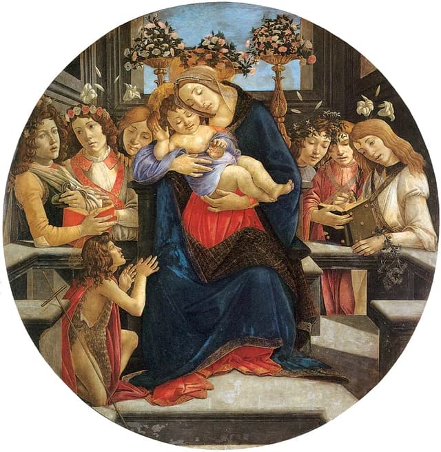 Madonna and Child with six angels and Saint John the Baptist as Child