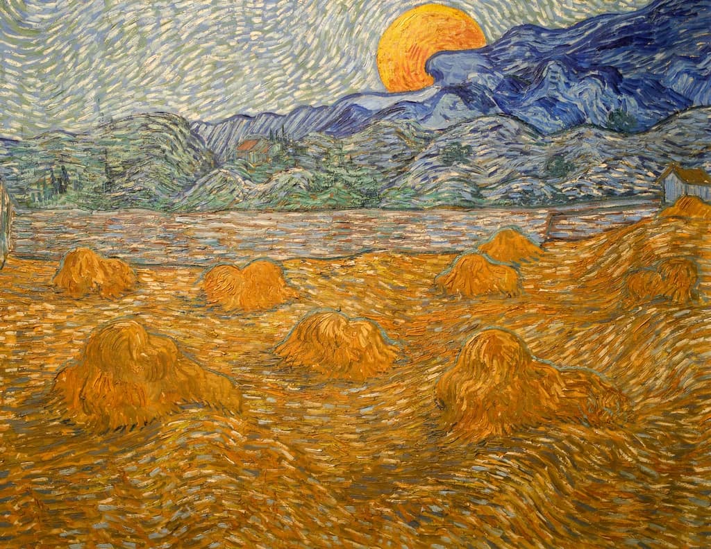 Landscape with wheat sheaves and rising moon