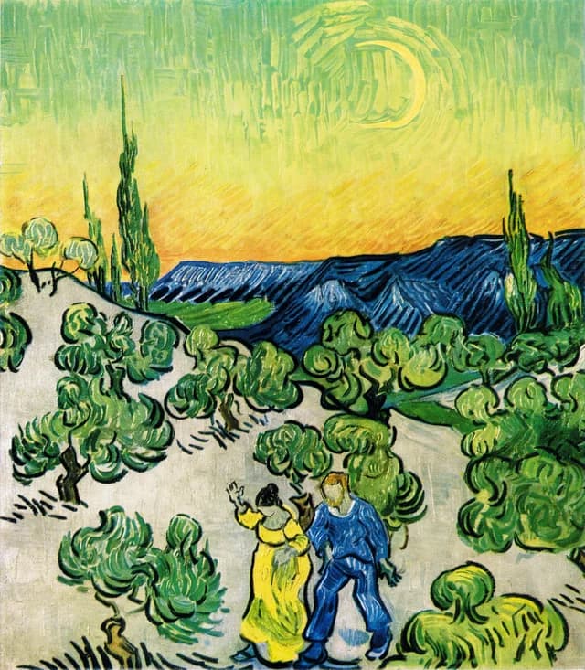 Paesaggio con coppia a passeggio e luna crescente