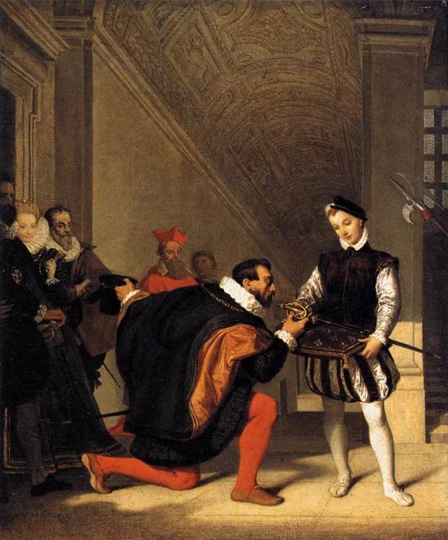 Don Pedro von Toledo küsst das Schwert Heinrichs IV.