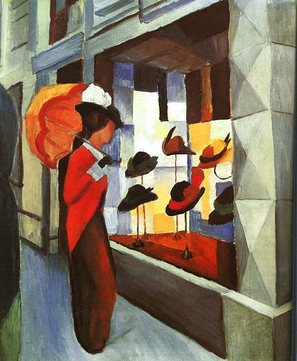 Mode: Woman with Parasol in front of Milliner's Shop