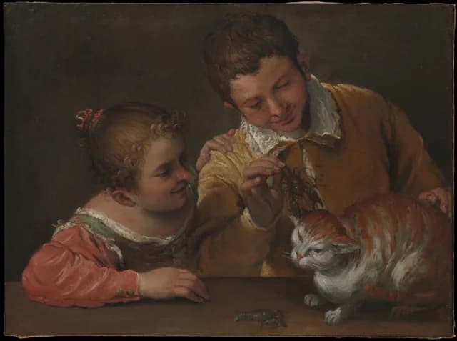 Two children teasing a cat