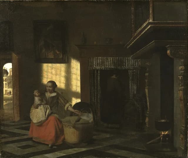 Interior com uma mãe junto a um berço
