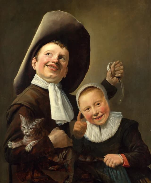 A boy and a girl with a cat and an eel