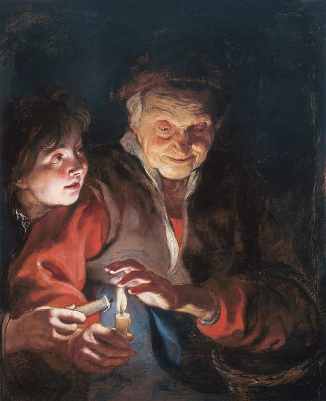 Old woman and boy with candles