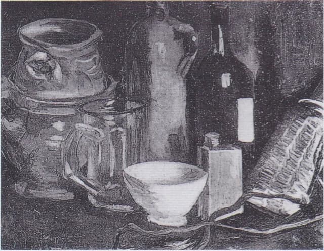 Stillleben mit Steingut, Bierglas und Flasche