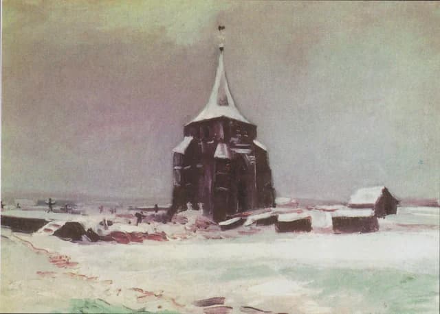 Der alte Friedhofsturm in Nuenen im Schnee