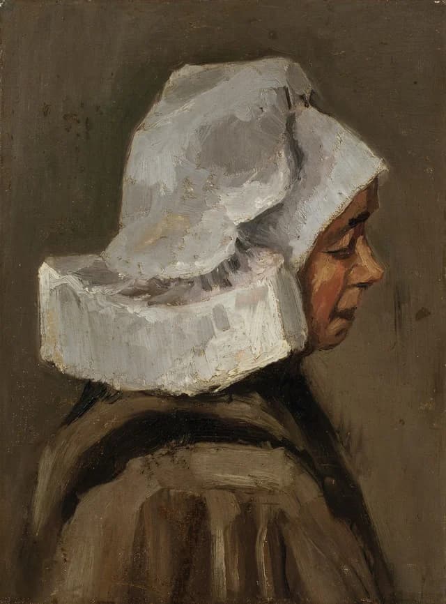 Kopf einer Bäuerin mit weißer Haube
