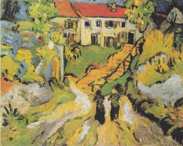 Calle del pueblo y escalinata en Auvers con dos figuras