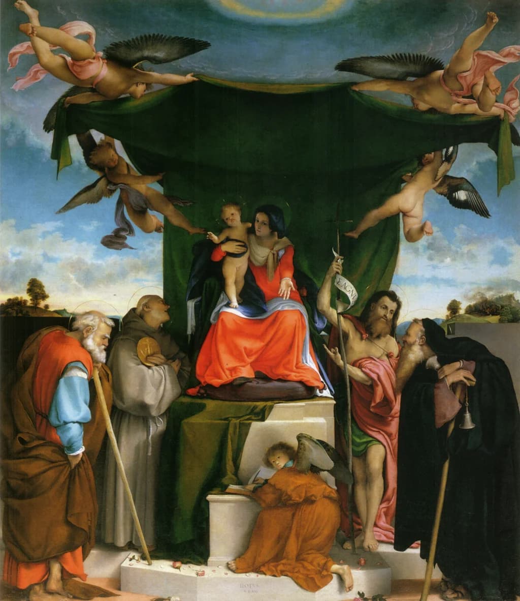 Madonna enthroned with child, angels, and saints
