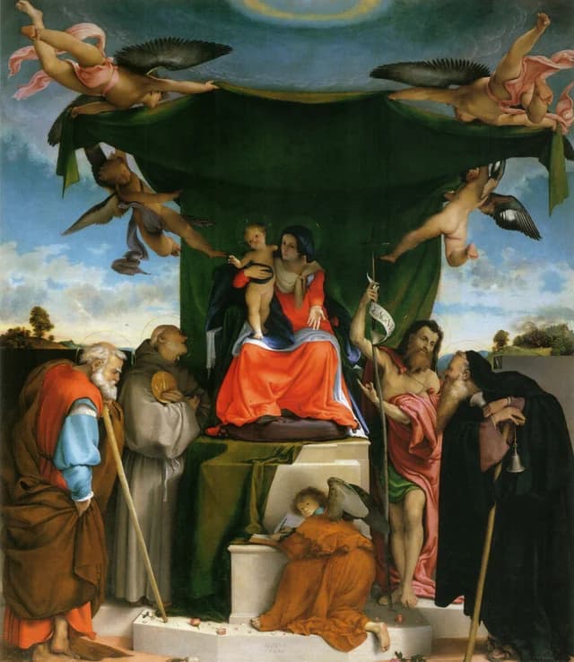 Madonna enthroned with child, angels, and saints