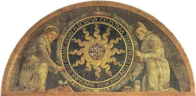Monogramma di Cristo tra due santi