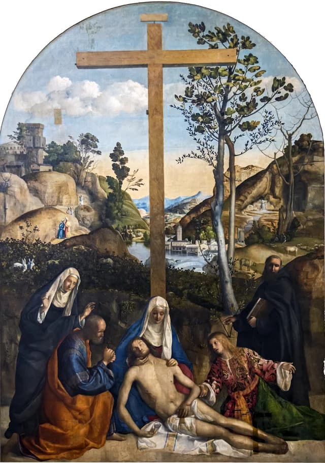 Beweinung Christi mit Joseph von Arimathäa, Maria und Maria Magdalena, mit den Heiligen Martha und Philippus Benizi
