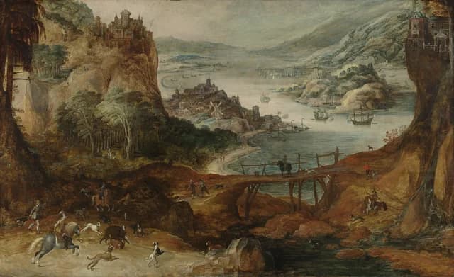 River landscape with boar hunt