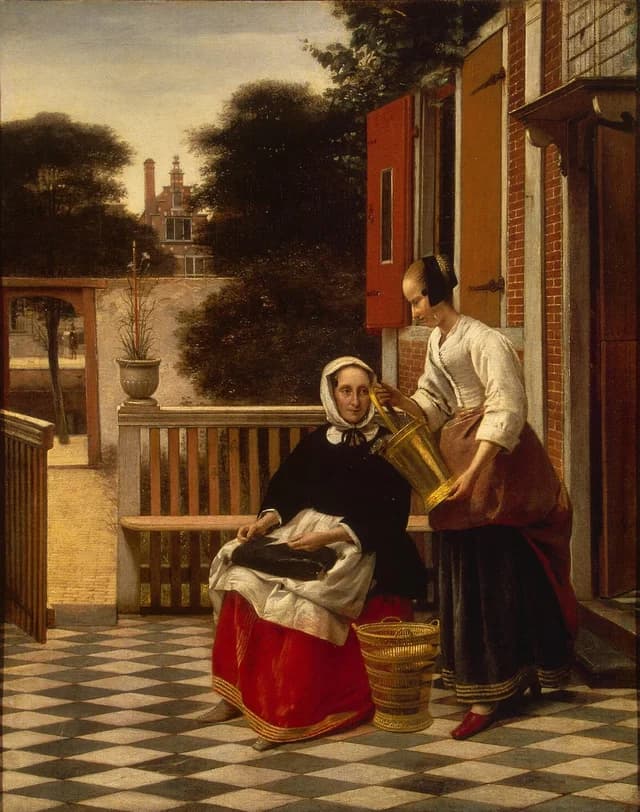 Frau und Magd mit einem Eimer Fisch in einem Hof