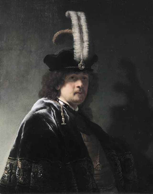 Self-portrait wearing a white feathered bonnet
