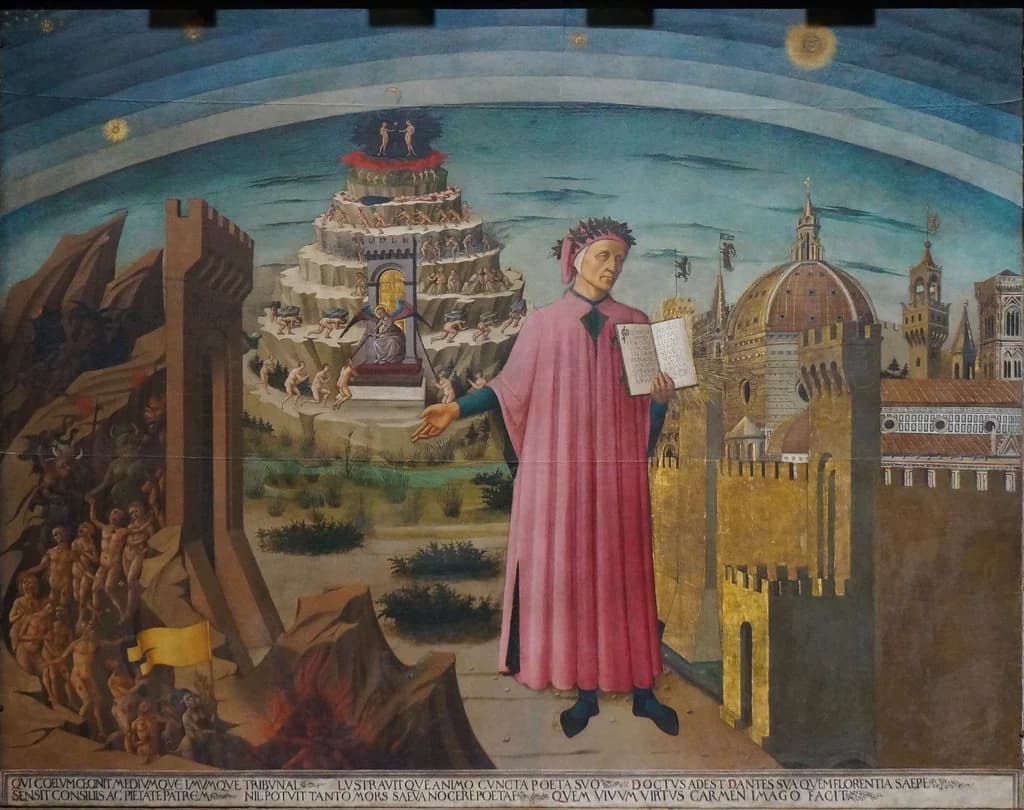 Dante Alighieri with Florence and the Realms of the Divine Comedy (Hell, Purgatory, Paradise)