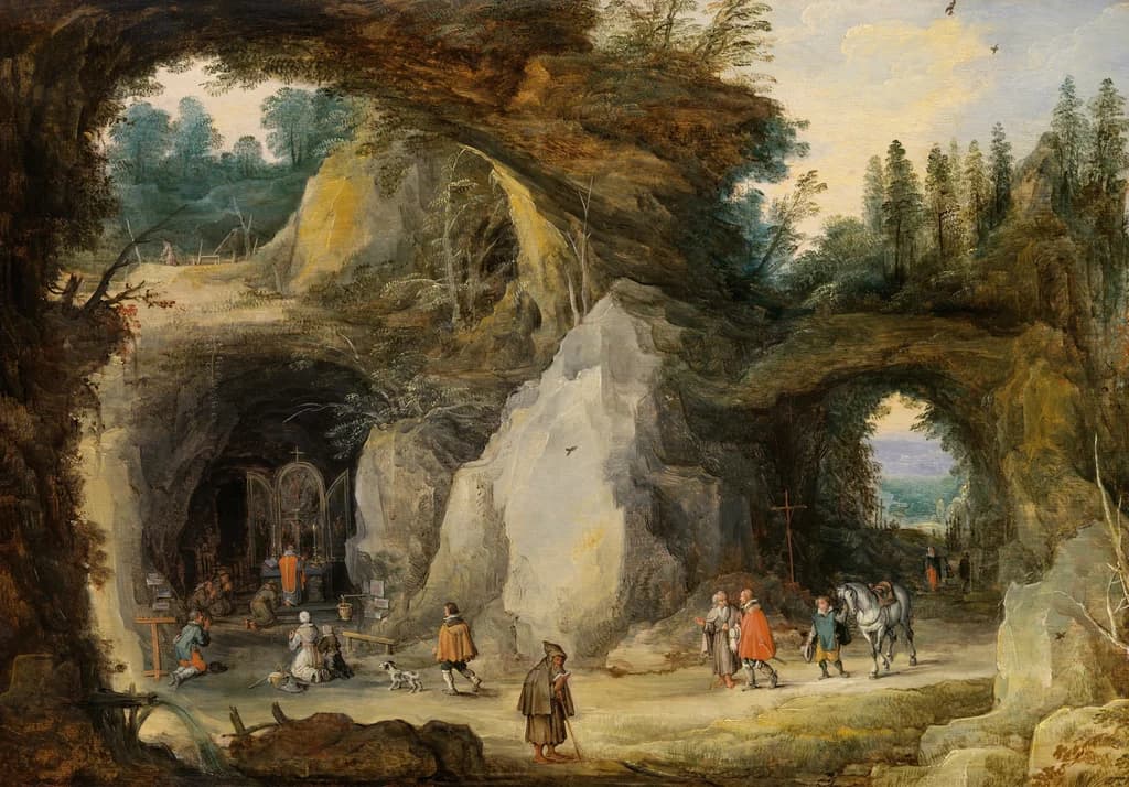 Berglandschaft mit Pilgern an einer Grottenkapelle