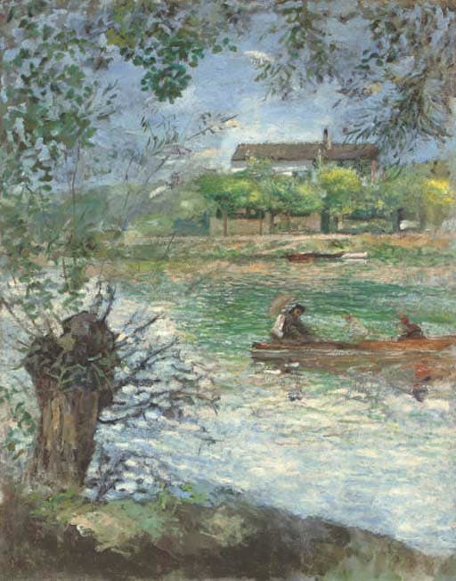 Willows and characters in a boat