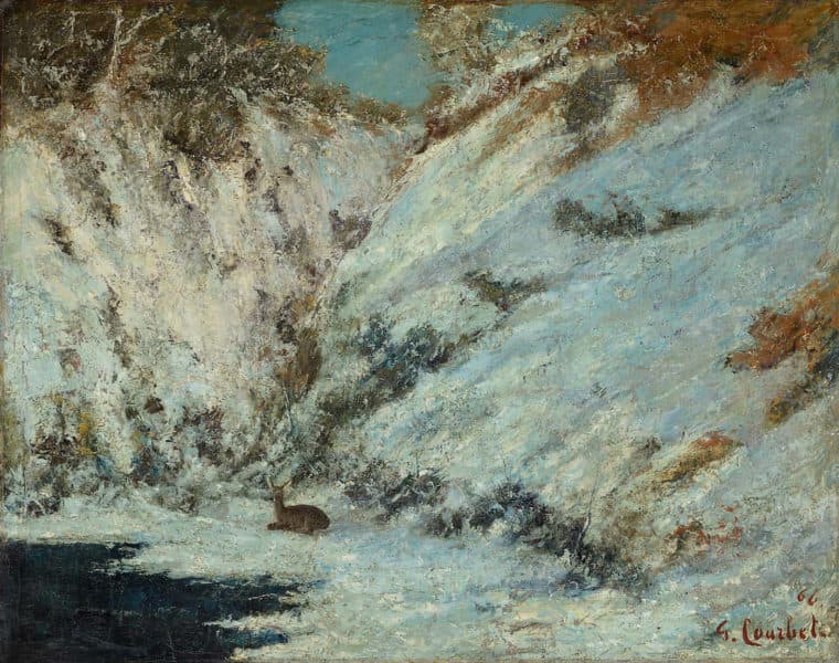Paysage de neige dans le Jura, avec chevreuil