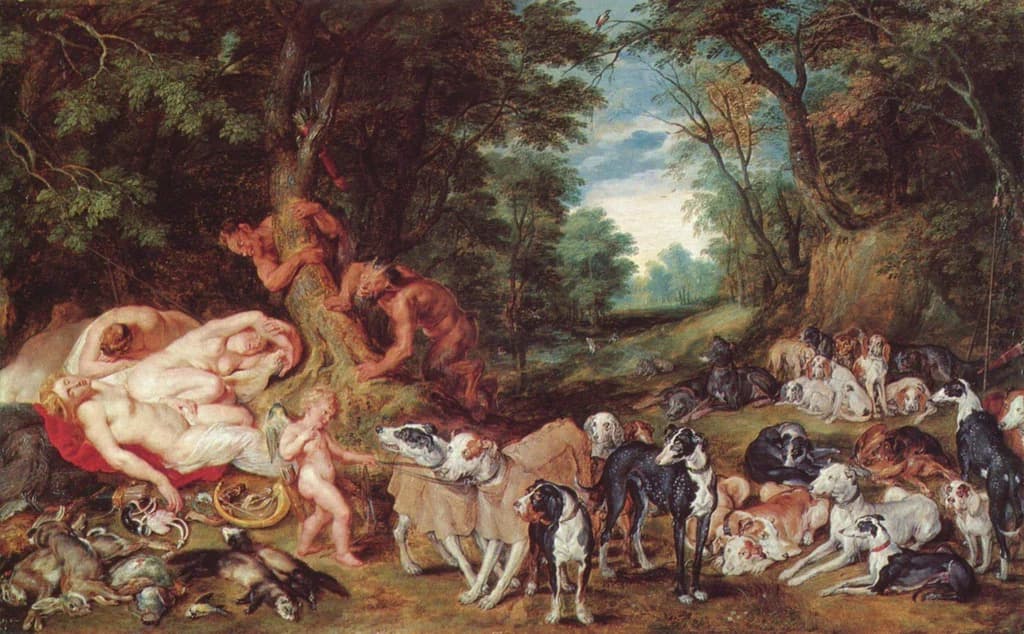 Diana at the Hunt - Diana and her nymphs asleep and spied on by satyrs