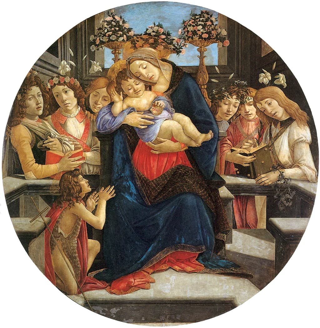Madonna and Child with six angels and Saint John the Baptist as Child