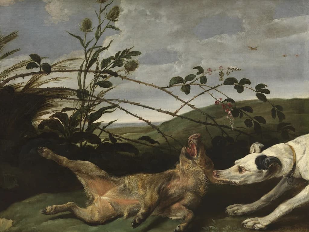 Un galgo atrapando a un jabalí joven