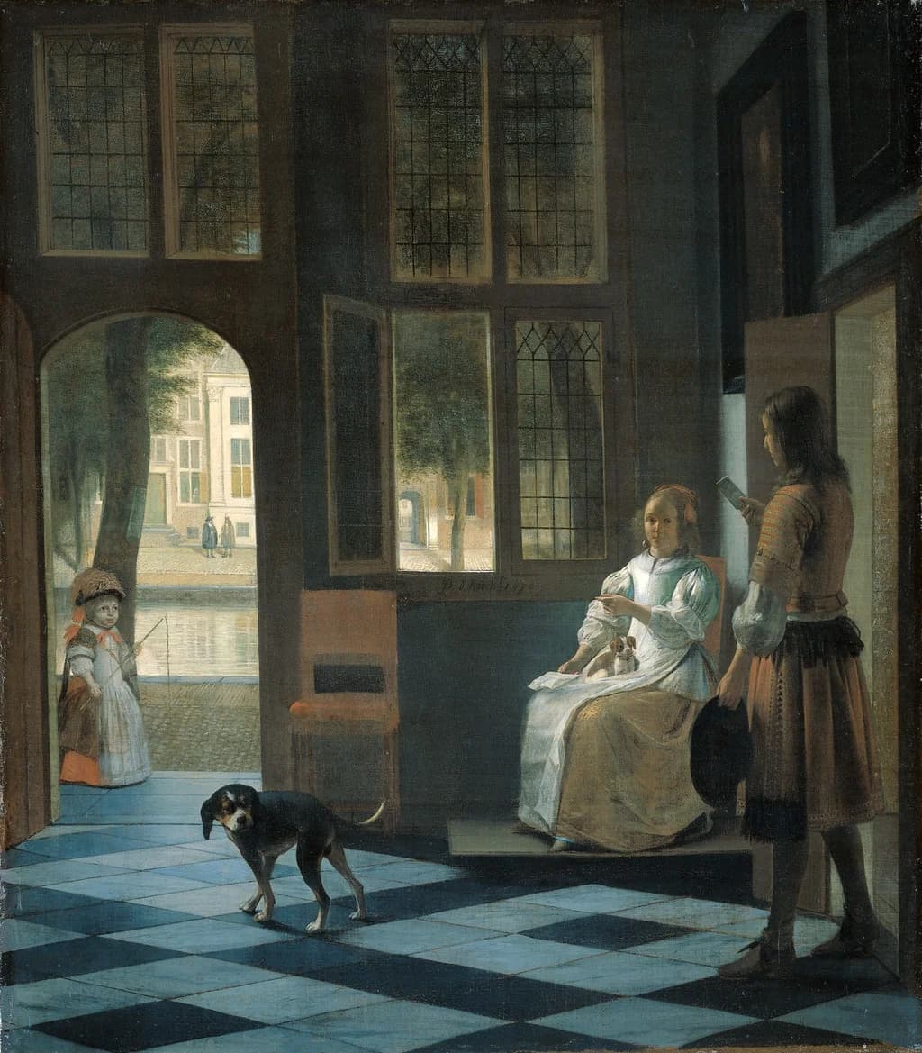 Man Handing a Letter to a Woman in the Entrance Hall of a House
