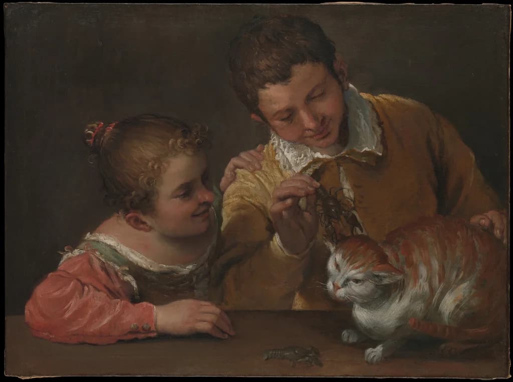 Two children teasing a cat