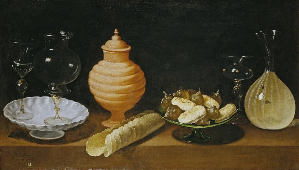 Stillleben mit Gläsern, Keramik und Süßigkeiten