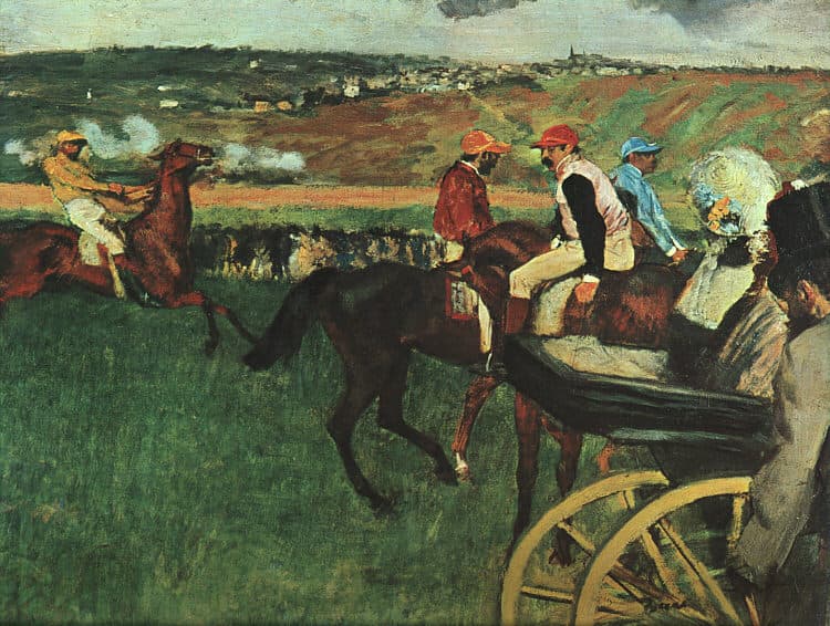 Le champ de courses. Jockeys amateurs près d'une voiture