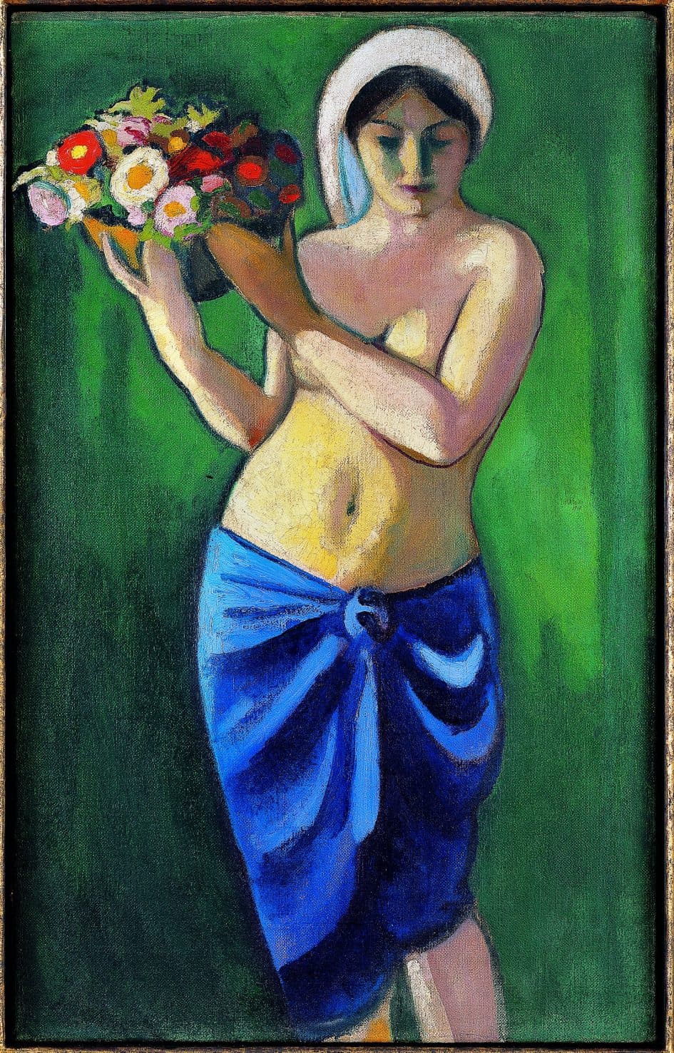 Woman supporting a flower bowl