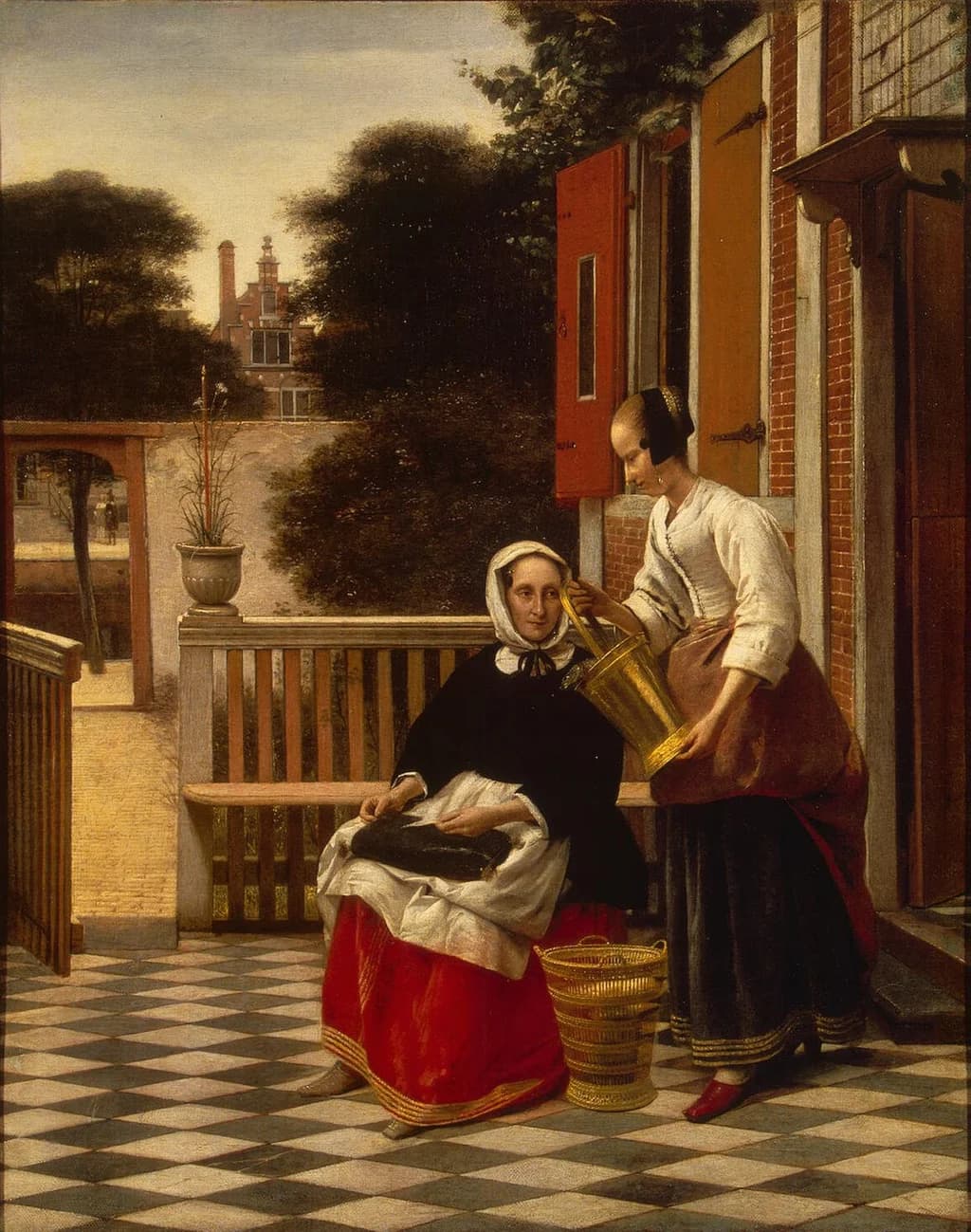 Woman and a maid with a pail of fish in a courtyard