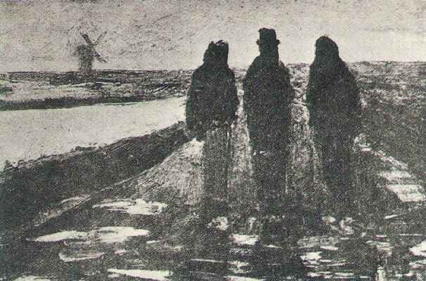 Three Figures Near a Canal with Windmill