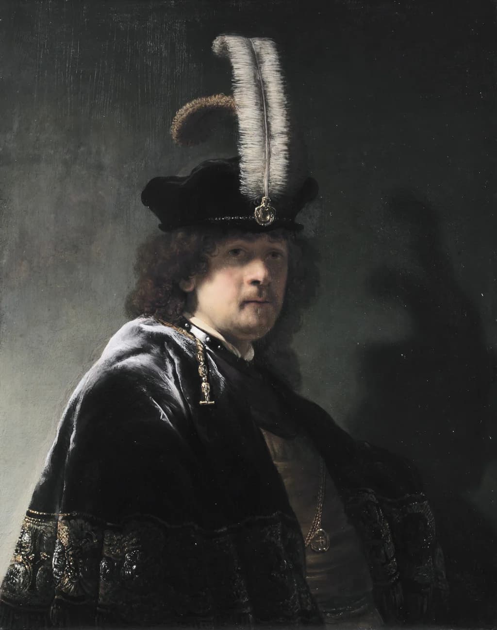 Self-portrait wearing a white feathered bonnet